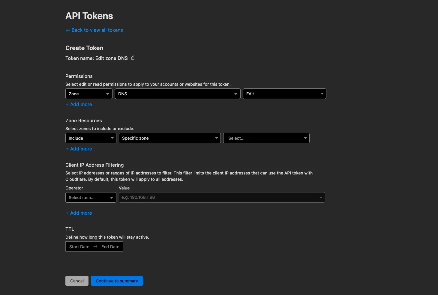 Cloudflare API Token Creation Form